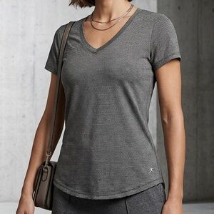Athletic Danskin Now Gray Striped V-Neck Activewear Tee Size M Medium